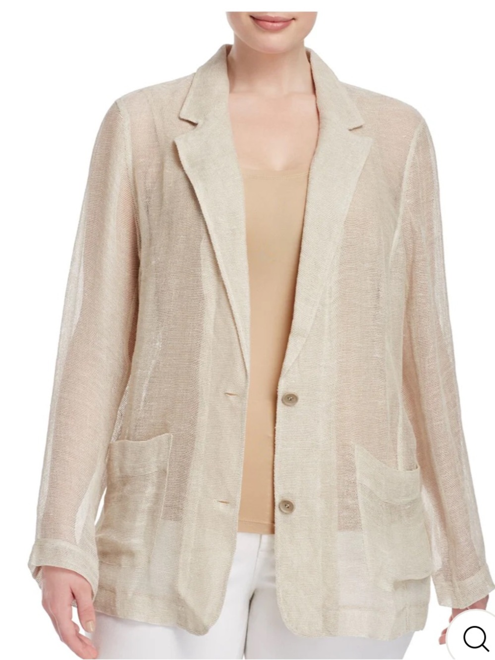 Eileen Fisher Linen Pocketed Button Front Sheer Blazer Jacket Size XL Biege